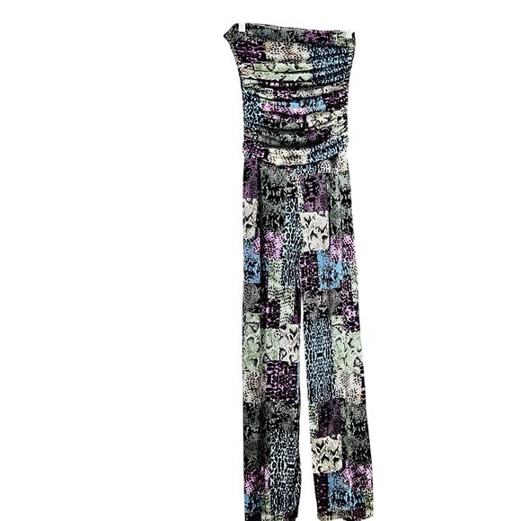 Womens Jumpsuit SZ S Strapless Multicolor Animal Patchwork Print Grunge Clubbing - Picture 4 of 8